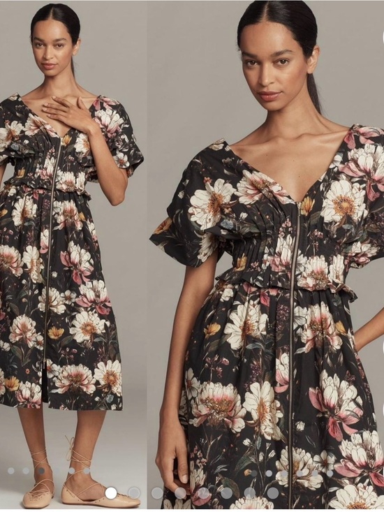 Anthropologie Dresses & Skirts - Anthropologie Black Floral Zip-Front Midi Dress